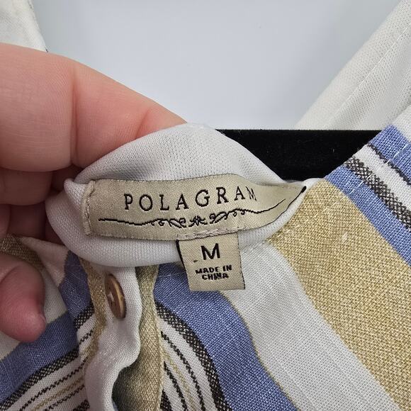 Polagram Women's Button Bodice Short Sleeve Striped Dress Cream Blue Size Medium - Picture 5 of 11